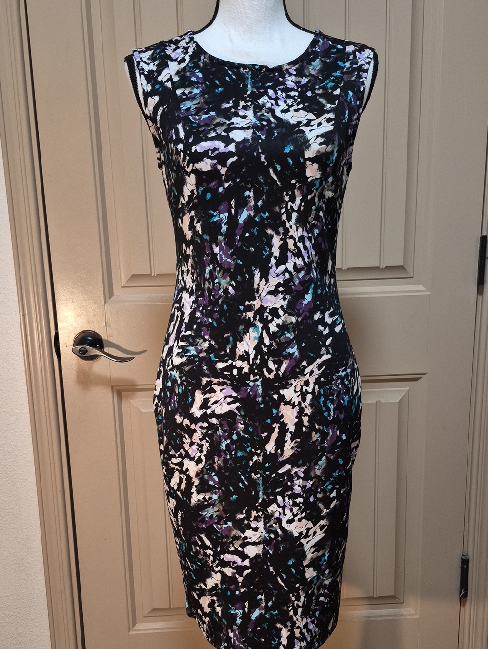 SP Black Abstract Print Midi Dress Purple Teal Retro